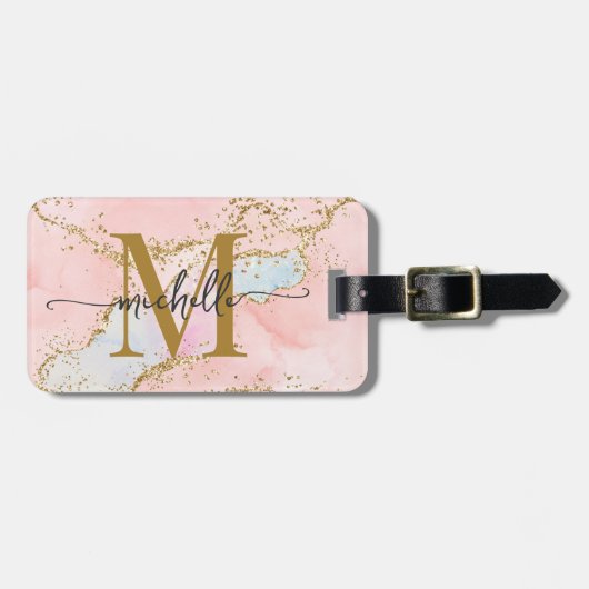 Elegante Roze Roze Agaten Initiaal Script Letterty Bagagelabel (Voorkant horizontaal)