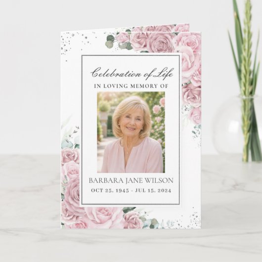 Elegante Roze Roze Bloem Foto Rouw Herdenking Programma (Voorkant)