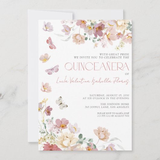 Elegante Roze Roze Bloem Vlinder Quinceañera Kaart (Voorkant)