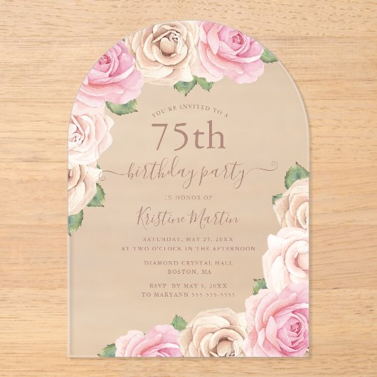 Elegante Roze Roze Bloemboog 75e Verjaardagsfeest Acryl Uitnodigingen (Voorkant)