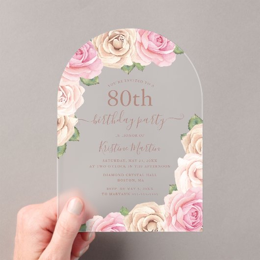 Elegante Roze Roze Bloemboog 80ste Verjaardagsfees Acryl Uitnodigingen (Insitu (Draagbaar))