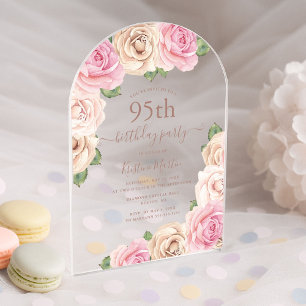 Elegante Roze Roze Bloemboog 95ste Verjaardagsfees Acryl Uitnodigingen