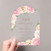 Elegante Roze Roze Bloemen Boog 30ste Verjaardagsf Acryl Uitnodigingen (Insitu (Draagbaar))