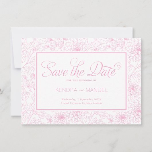 Elegante Roze Roze Bloemengordijn Bruiloft Save The Date (Voorkant)