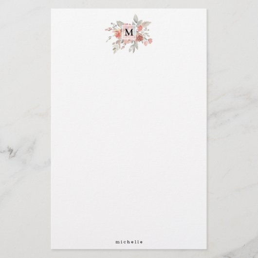 Elegante Roze Roze Bloemige Monogram Briefpapier (Voorkant)