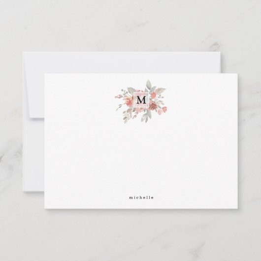 Elegante Roze Roze Bloemige Monogram Notitiekaartje (Voorkant)