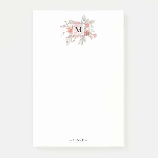 Elegante Roze Roze Bloemige Monogram Post-it® Notes (Voorkant)
