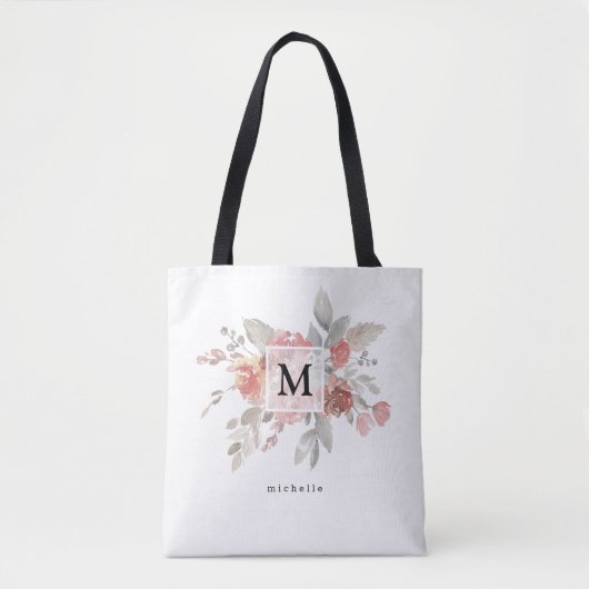 Elegante Roze Roze Bloemige Monogram Tote Bag (Voorkant)