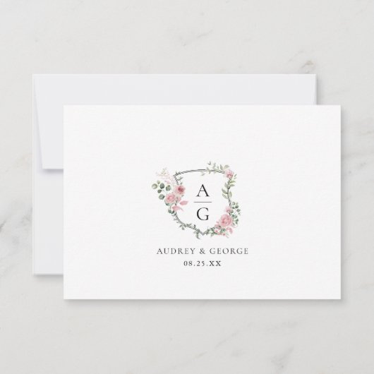 Elegante Roze Roze Bloemige Monogram Wapen QR Code RSVP Kaartje (Achterkant)