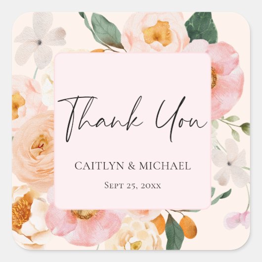 Elegante Roze Roze Bloemige Trouw Dank Je Vierkante Sticker (Voorkant)