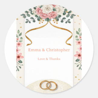 Elegante Roze Roze Bloemige Trouwsticker Ronde Sticker