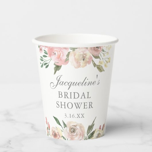 Elegante Roze Roze Bloemstuk Aangepaste Bruidsdouc Papieren Bekers (Voorkant)