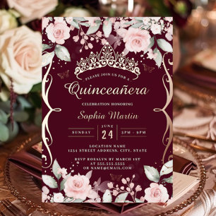 Elegante Roze Roze Bourgondië Rozen Goud Quinceane Folie Uitnodiging