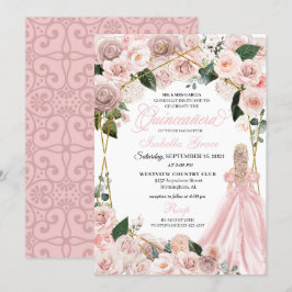 Elegante Roze Roze en Gouden Bloem Quinceanera Uit Kaart