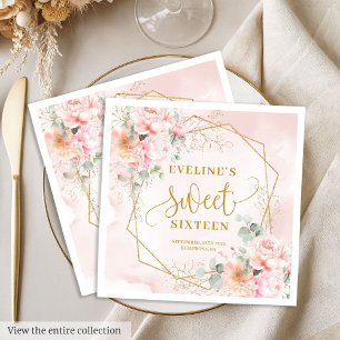 Elegante Roze Roze en Gouden Bloemige Sweet Sixtee Servet