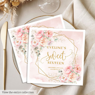 Elegante Roze Roze Gouden Bloemige Sweet 16 Feestj Servet