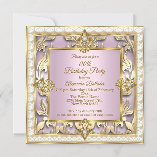 Elegante Roze Roze Gouden Crème Verjaardagsfeestje Kaart (Voorkant)