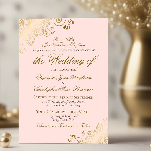 Elegante Roze Roze & Gouden Klassieke Formele Trou Kaart