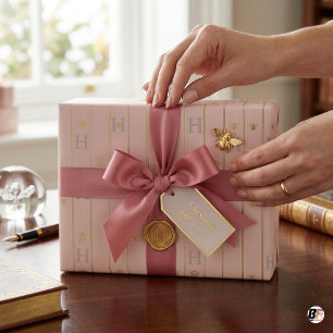 Elegante Roze Roze & Gouden Pinstripe Initiaal H M Cadeaupapier