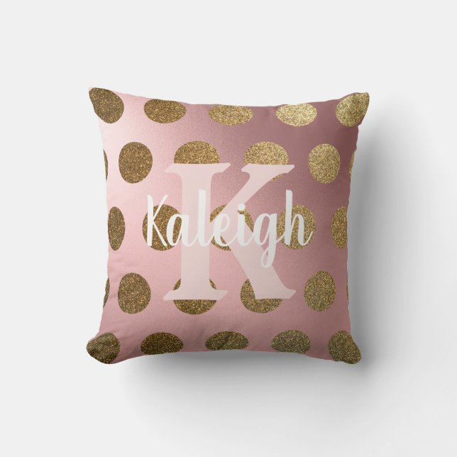 Elegante Roze Roze Gouden Stip Monogram Naam Kussen (Voorkant)