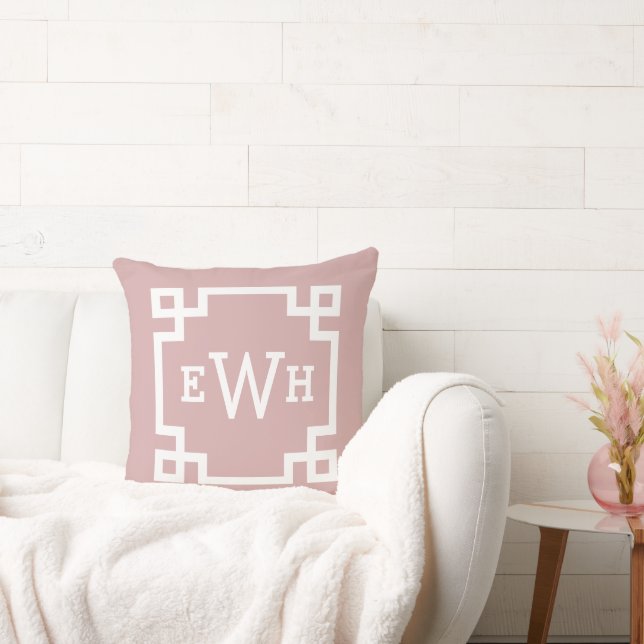 Elegante roze roze Griekse sleutel monogram initia Kussen (Bank)