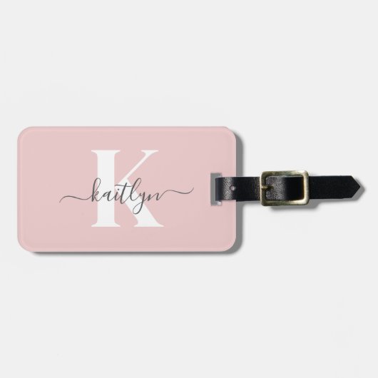 Elegante Roze Roze Grijs Script Monogram Bagagelabel (Voorkant horizontaal)