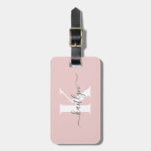 Elegante Roze Roze Grijs Script Monogram Bagagelabel (Voorkant verticaal)