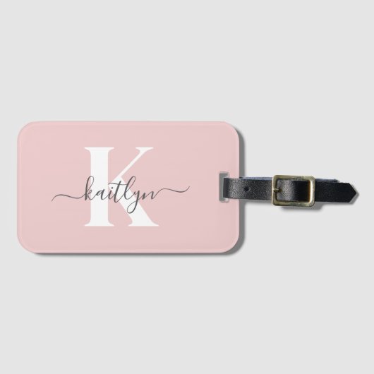 Elegante Roze Roze Grijs Script Monogram Bagagelabel (Voorkant (horizontaal))