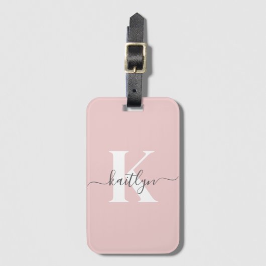 Elegante Roze Roze Grijs Script Monogram Bagagelabel (Voorkant (verticaal))