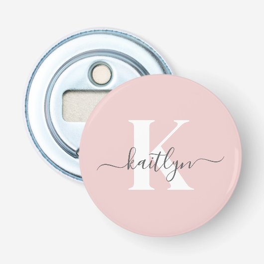 Elegante Roze Roze Grijs Script Monogram Button Flesopener (Voorkant)