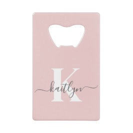 Elegante Roze Roze Grijs Script Monogram Creditkaart Flessenopener