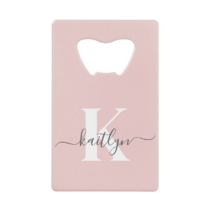 Elegante Roze Roze Grijs Script Monogram Creditkaart Flessenopener