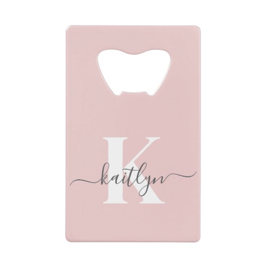 Elegante Roze Roze Grijs Script Monogram Creditkaart Flessenopener (Voorkant)
