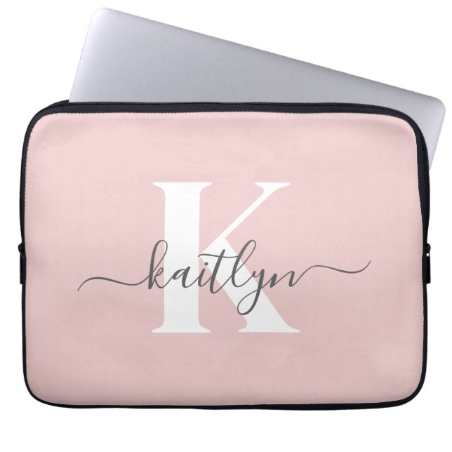 Elegante Roze Roze Grijs Script Monogram Laptop Sleeve (Voorkant)