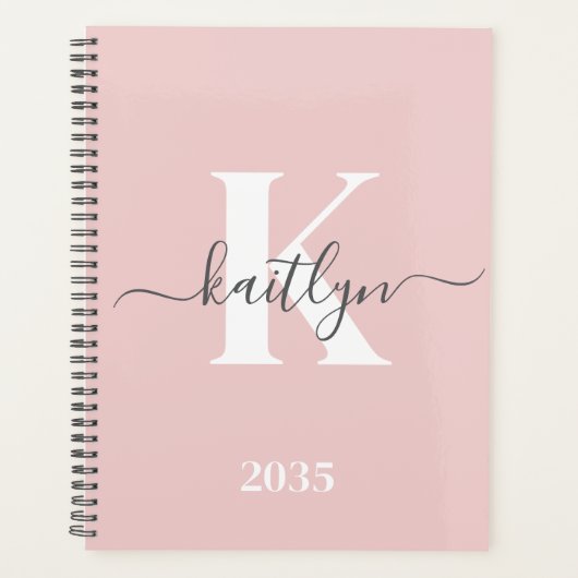 Elegante Roze Roze Grijs Script Monogram Planner (Voorkant)
