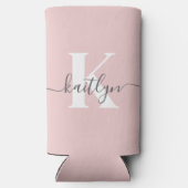 Elegante Roze Roze Grijs Script Monogram Seltzer Blikjeskoeler (Achterkant)