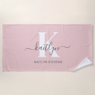 Elegante Roze Roze Grijs Script Monogram Strandlaken