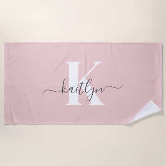 Elegante Roze Roze Grijs Script Monogram Strandlaken (Voorkant)