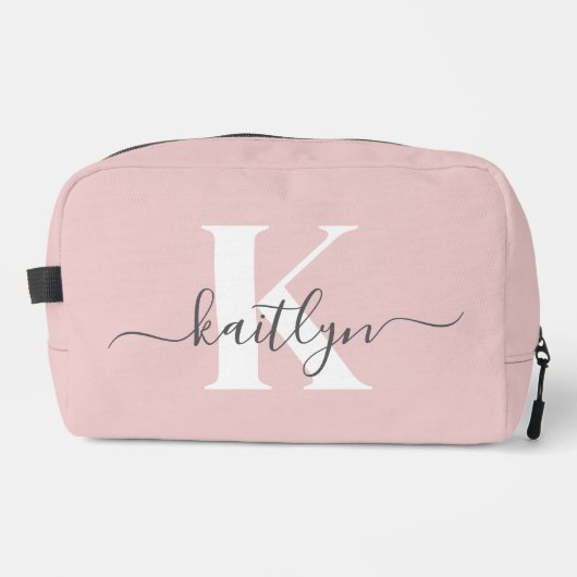 Elegante Roze Roze Grijs Script Monogram Toilettasje (Voorkant)