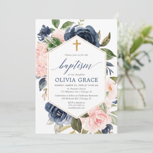 Elegante roze roze marine meisjesdoop bloem kaart (Staand voorkant)