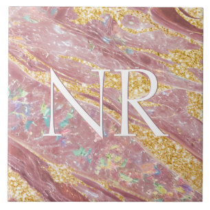 Elegante Roze Roze Marmer & Glitter Mooie Monogram Tegeltje