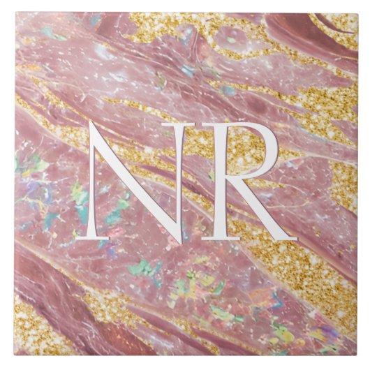 Elegante Roze Roze Marmer & Glitter Mooie Monogram Tegeltje (Voorkant)