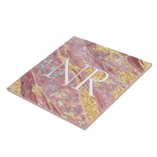 Elegante Roze Roze Marmer & Glitter Mooie Monogram Tegeltje (Zijkant)