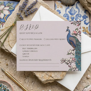 Elegante Roze Roze Pauw Reactiekaart RSVP Kaartje