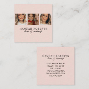 Elegante Roze Roze Script 3 Foto Haar Make-up Vierkante Visitekaartje