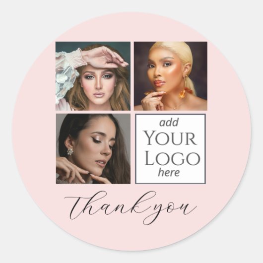 Elegante Roze Roze Script 3 Foto Logo Make-up Ronde Sticker (Voorkant)