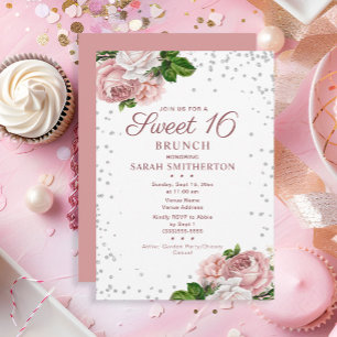 Elegante Roze Roze Vintage Bloem Zoete 16 Brunch Kaart