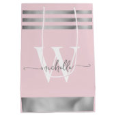 Elegante roze roze zilver gestreepte monogram schr medium cadeauzakje (Achterkant)