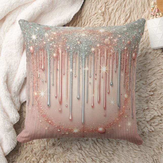 Elegante Roze Roze & Zilveren Glitter Drip Kussen (Deken)