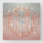 Elegante Roze Roze & Zilveren Glitter Drip Vierkante Klok (Voorkant)